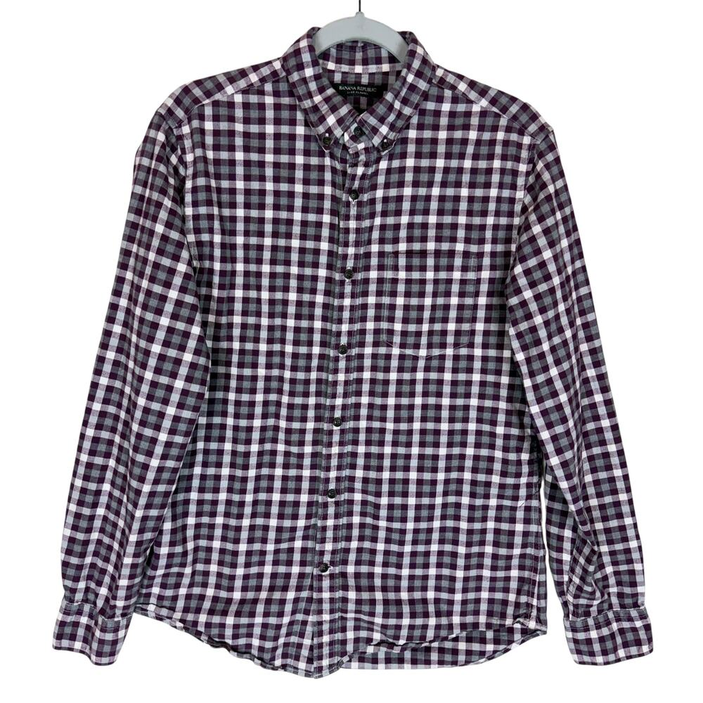 Banana‎ Republic Shirt Mens Medium Maroon White Check Luxe Flannel Grant Fit